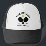 Pickleball Club Team Player Custom Pickle Gift Trucker Hat<br><div class="desc">Standout on the pickleball court in this super cool hat featuring crossed pickleball paddles, a ball and your custom text. Easily change the wording to include your pickleball club name, team name, city/location or any wording your choose. Also change the font and graphic colours - just click edit/personalise. Makes an...</div>