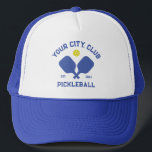 Pickleball Club Team Player Custom Pickle Gift Trucker Hat<br><div class="desc">Standout on the pickleball court in this super cool hat featuring crossed pickleball paddles, a ball and your custom text. Easily change the wording to include your pickleball club name, team name, city/location or any wording your choose. Also change the font and graphic colors - just click edit/personalize. Makes an...</div>