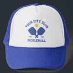 Pickleball Club Team Player Custom Pickle Gift Trucker Hat<br><div class="desc">Standout on the pickleball court in this super cool hat featuring crossed pickleball paddles, a ball and your custom text. Easily change the wording to include your pickleball club name, team name, city/location or any wording your choose. Also change the font and graphic colors - just click edit/personalize. Makes an...</div>