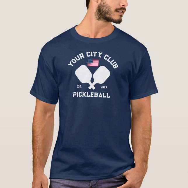 Pickleball Club Team Player USA American Flag T-Shirt (Front)