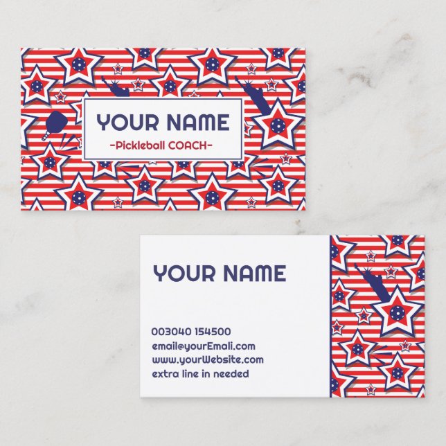 Pickleball Coach - USA pattern on white Business Card (Front/Back)
