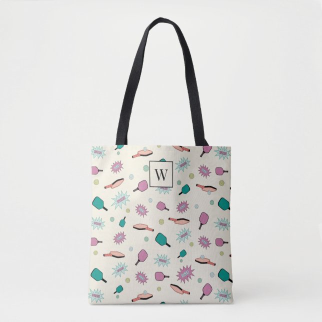 Pickleball Colourful Monogram First Initial Patter Tote Bag (Front)