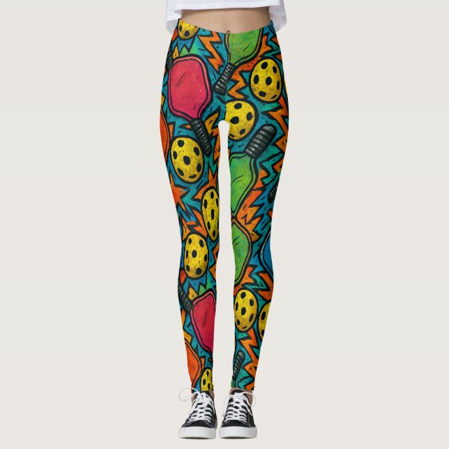 Pickleball Colourful Paddle Pattern Urban Art Leggings (Front)