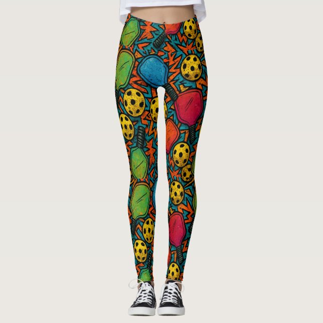 Pickleball Colourful Paddle Pattern Urban Art Leggings (Front)