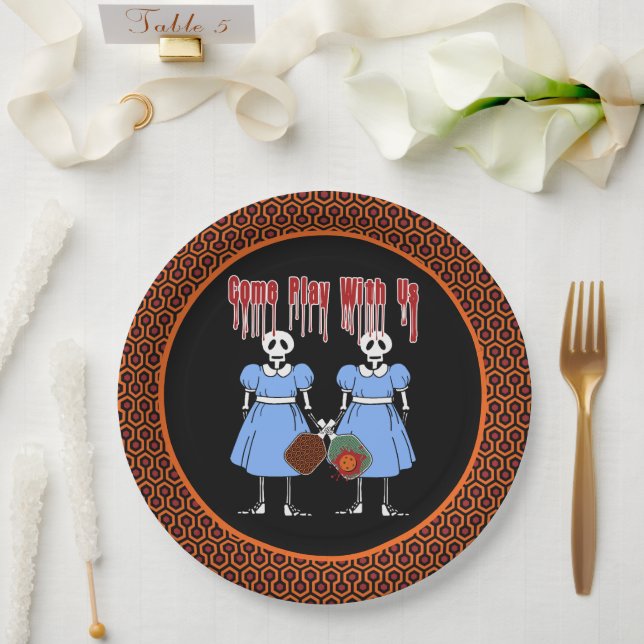 Pickleball Come Play with Us Horror Movie Twins Paper Plate (Wedding)