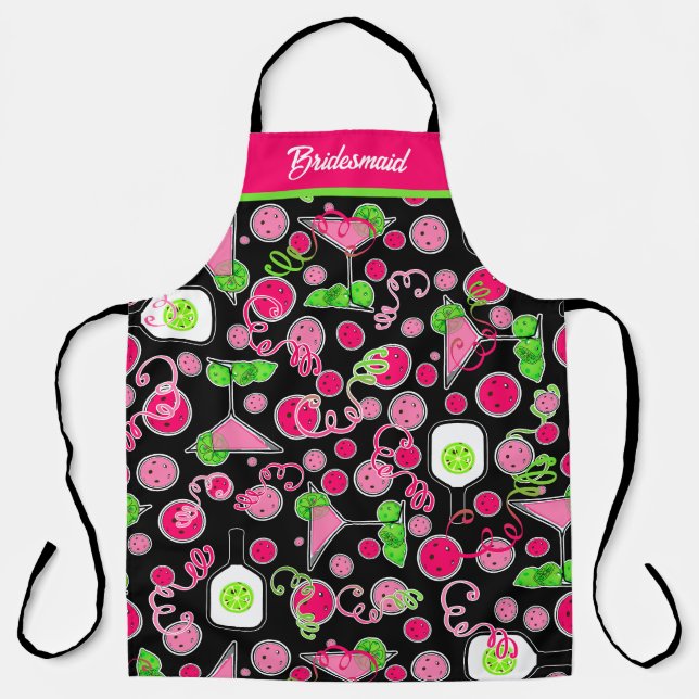 Pickleball Cosmo Cocktail Day Dinking Party Black Apron (Front)