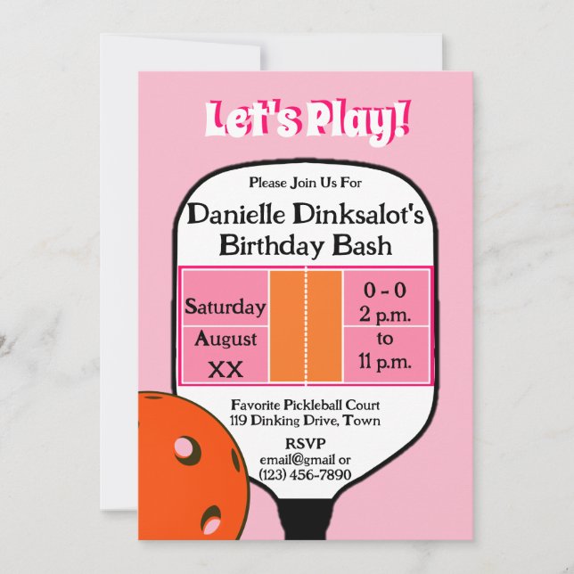 Pickleball Court Birthday Party Pink Orange Photo Invitation (Front)