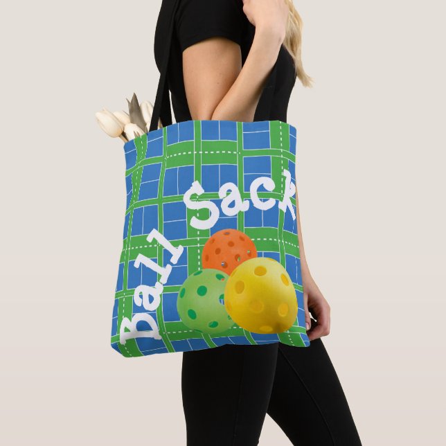 Pickleball Courts Blue and Green Ball Sack Tote Bag (Close Up)