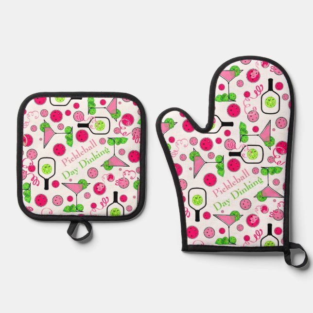 Pickleball Day Dinking Cosmo Cocktail Pink Green Oven Mitt & Pot Holder Set (Front)