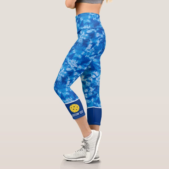 Pickleball Design Blue Tie Dye Pattern Custom Capri Leggings (Left)