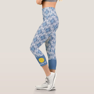 Pickleball Design with Blue Boho Chic Ikat Pattern Capri Leggings