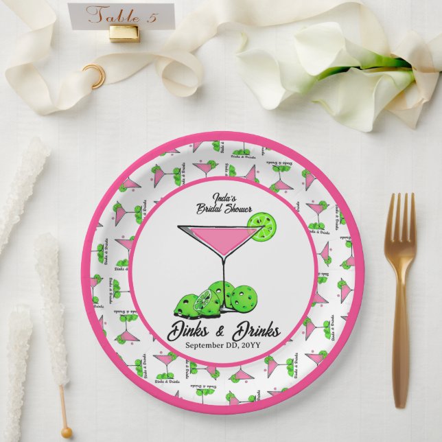 Pickleball Dinks & Drinks Pink Cosmo Cocktails  Paper Plate (Wedding)