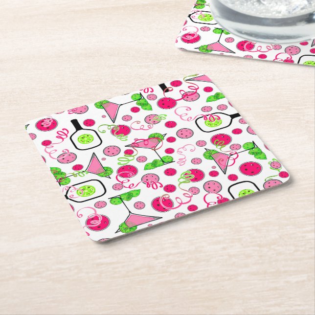 Pickleball Dinks & Drinks Pink Cosmo Cocktails Square Paper Coaster (Angled)