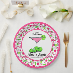Pickleball Dinks & Drinks Pink Green Cocktails  Paper Plate