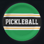 PICKLEBALL Fun Athletic Bold Green Black Stripes Paper Plate<br><div class="desc">This sporty design features bold PICKLEBALL text inside a wide black horizontal centre racing stripe highlighted with twin floating white pinstripes against bright  green outer stripes.  The text can be personalised.</div>