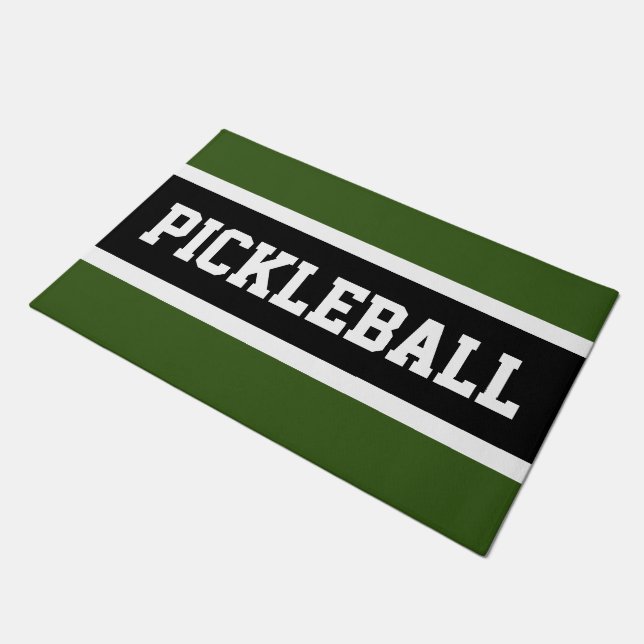 PICKLEBALL Fun Athletic Forest Green Black Stripes Doormat (Angled)