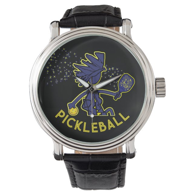Pickleball Fun Blue on Black Wrist Watch (Front)