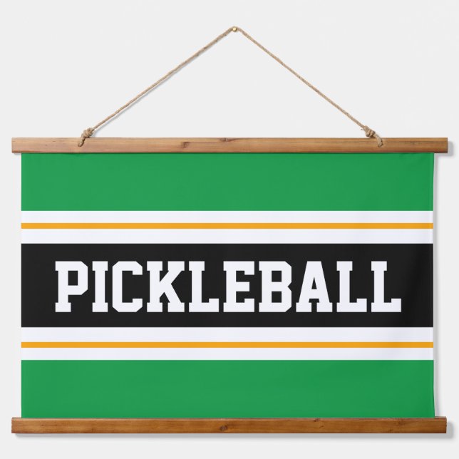PICKLEBALL Fun Bright Green Yellow Black Stripes Hanging Tapestry (Front)