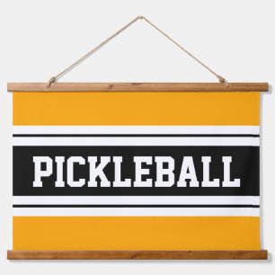 PICKLEBALL Fun Bright Yellow Black White Stripes Hanging Tapestry