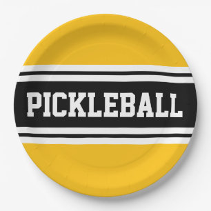 PICKLEBALL Fun Yellow Black White Racing Stripes Paper Plate