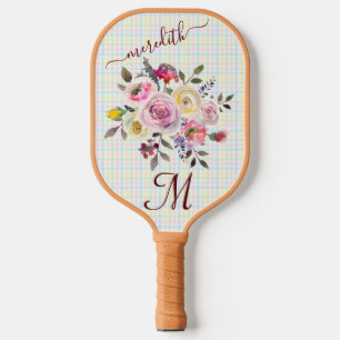 Pickleball Gal: Flowers Plaid Monogram Name   Paddle