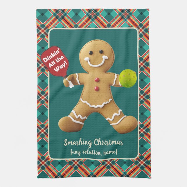 Pickleball Gingerbread Cheer Tea Towel (Vertical)