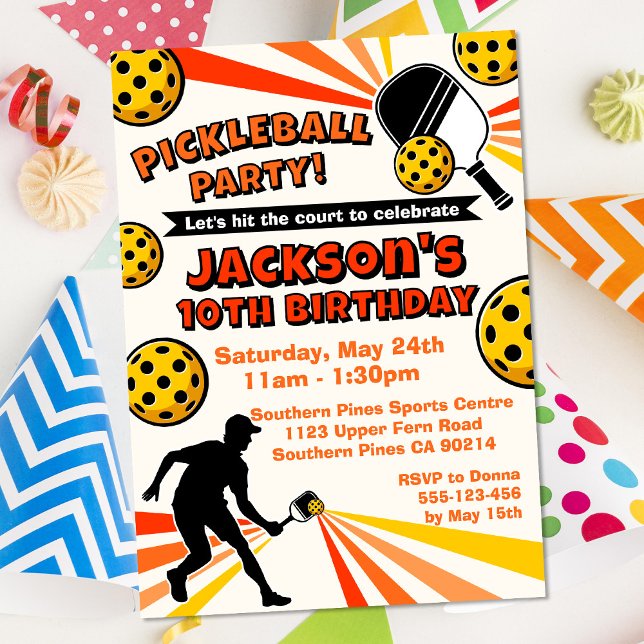 Pickleball Girls Birthday Party Retro Invitation (Pickleball Birthday Party Invitation - Orange/Yellow)