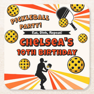 Pickleball Girls Birthday Party Retro Player Square Paper Coaster