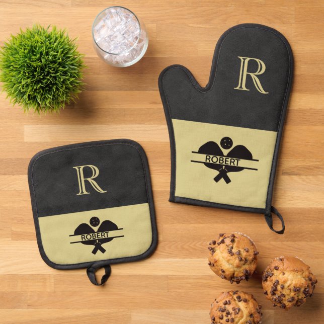 Pickleball Guy Monogram Initial Name     Oven Mitt & Pot Holder Set (Top Down)