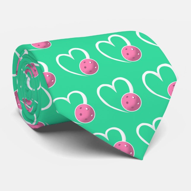 Pickleball Heart Valentine Love Pink Turquoise Tie (Rolled)