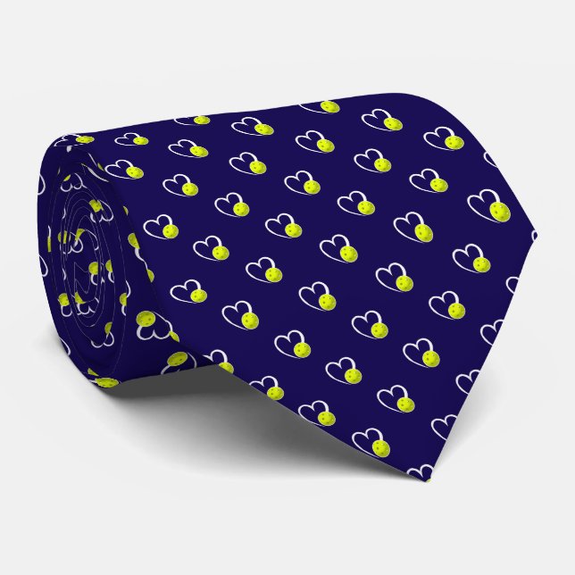 Pickleball Heart Valentine Love Yellow & Navy Blue Tie (Rolled)