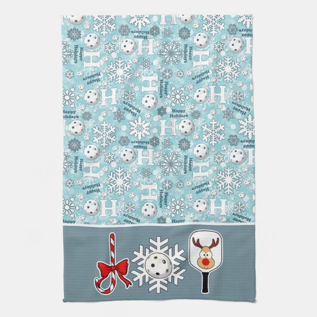 Pickleball Joy Christmas Blue White Reindeer Tea Towel (Vertical)