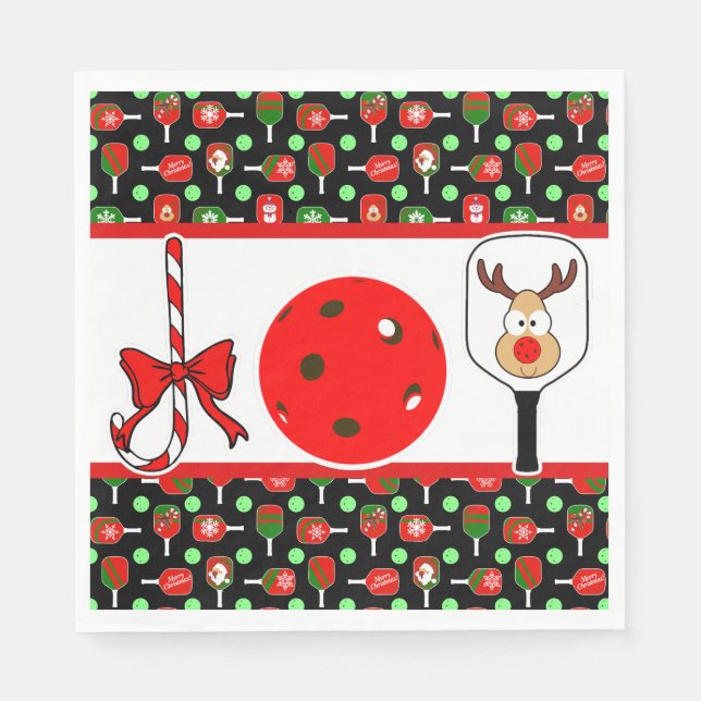 Pickleball Joy Christmas Party Red Green on Black Napkin (Front)