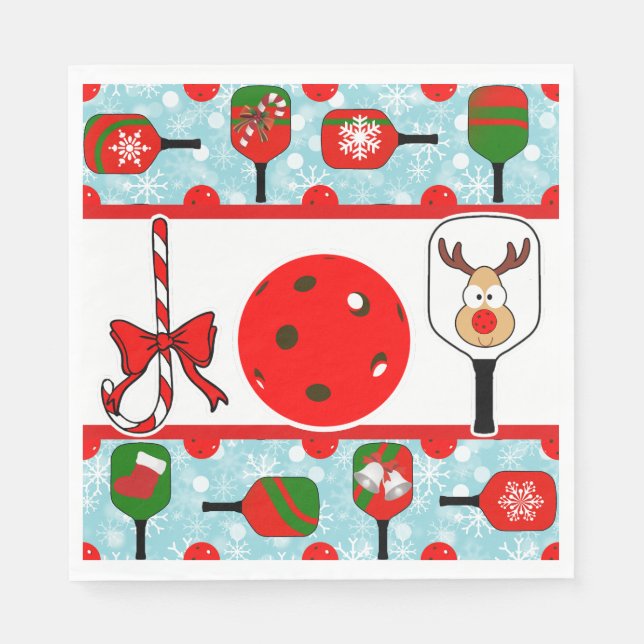 Pickleball Joy Christmas Party Red Green on Blue Napkin (Front)