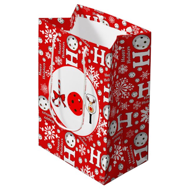 Pickleball Joy Christmas Party Red Green Ornaments Medium Gift Bag (Front Angled)
