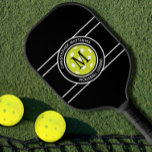 Pickleball Legend Custom Quote Name Initial Black  Paddle<br><div class="desc">Classic design features two lines of customisable text for "Pickleball Legend" or custom saying of choice and name or custom text in a timeless modern font arched over & under an image of a pickleball in green. Add one or two intials in the centre of the design over the image...</div>