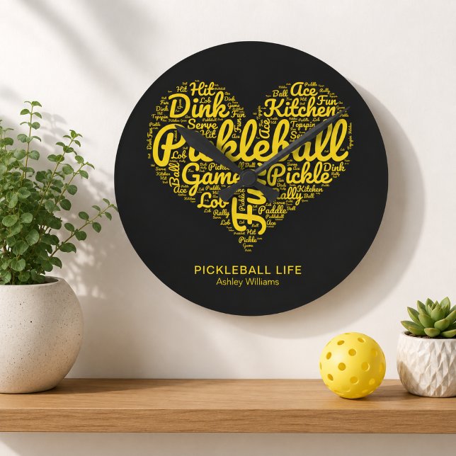 Pickleball Life Word Art Typography Personalised Round Clock (Edit text to customize.  Add name & change the other text if you wish)