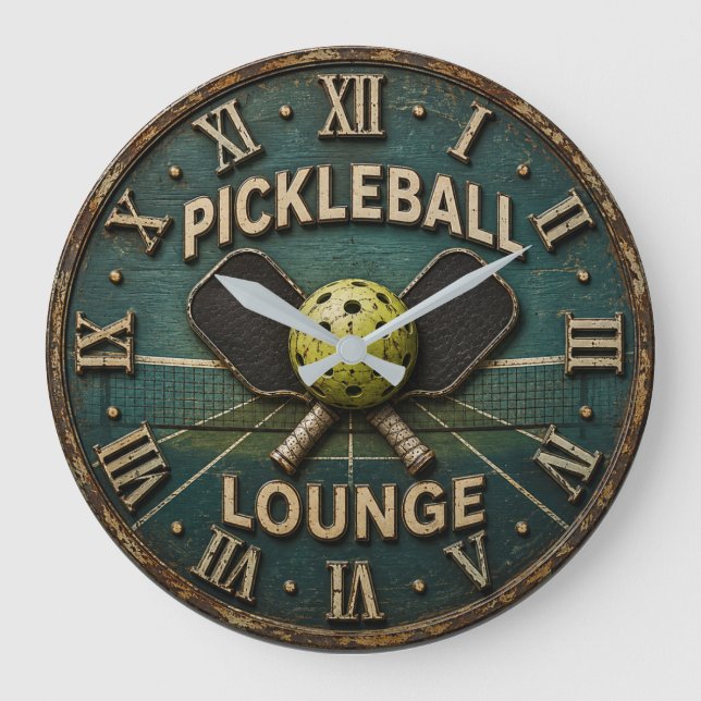 Pickleball Lounge Rustic Paddle & Ball Large Clock (Front)