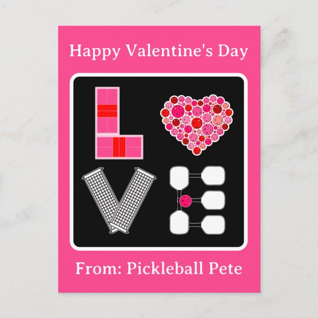 Pickleball Love Heart Court Balls Paddles Pink Red Postcard (Front)