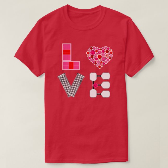 Pickleball Love Heart Court Balls Paddles Pink Red T-Shirt (Design Front)