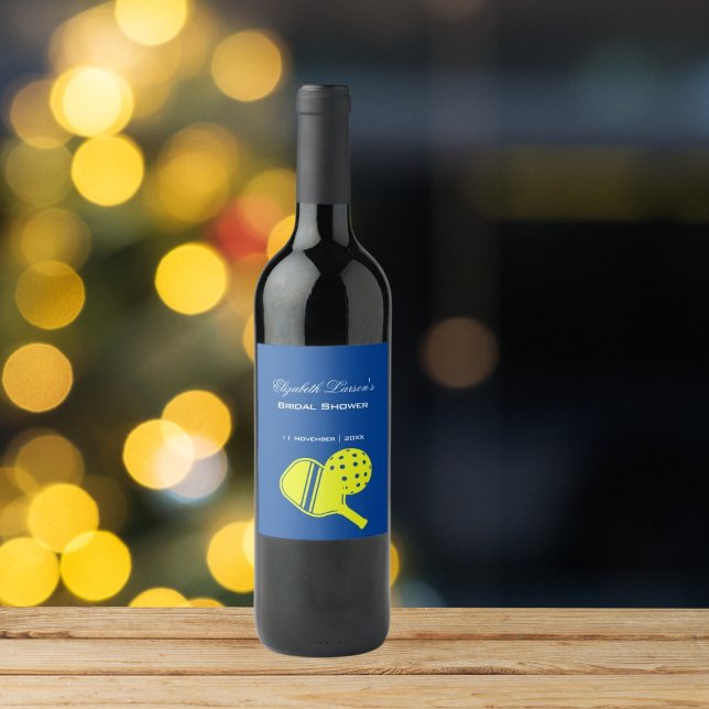 Pickleball Lovers Bridal Shower Neon Blue Wine Label (Creator Uploaded)