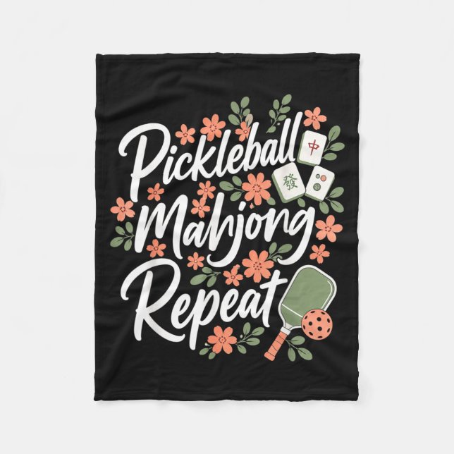Pickleball Mahjong Repeat Flower Floral Paddle Fleece Blanket (Front)