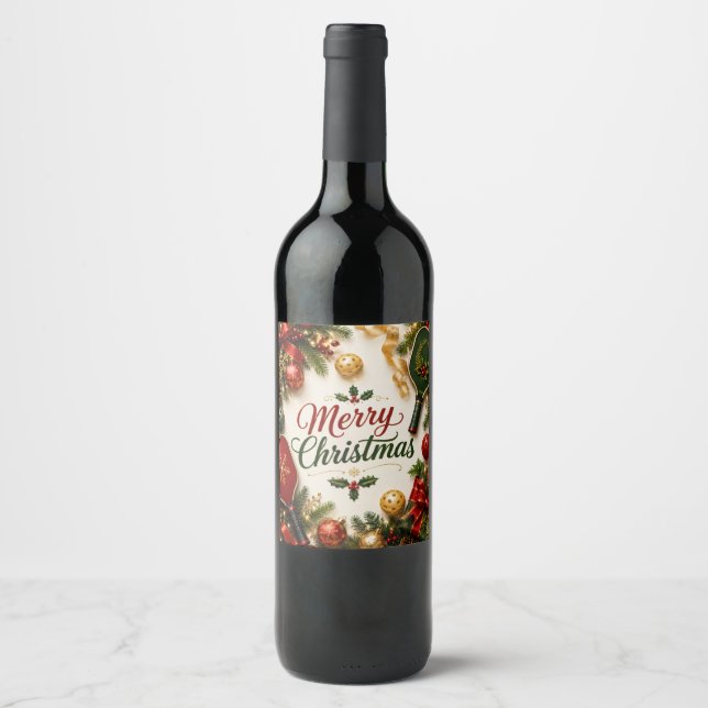 Pickleball Merry Christmas  Wine Label (Front)