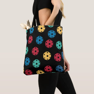 Pickleball - mix of colours on black tote bag
