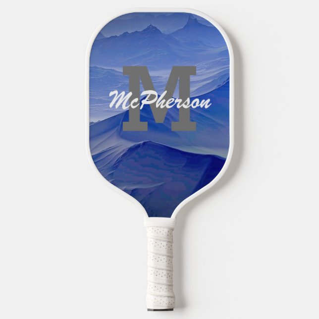 Pickleball Monogram and Name Blue Background Pickleball Paddle (Front)