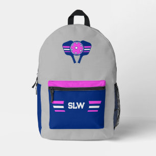 Pickleball Monogram Grey, Navy Blue & Pink Printed Backpack