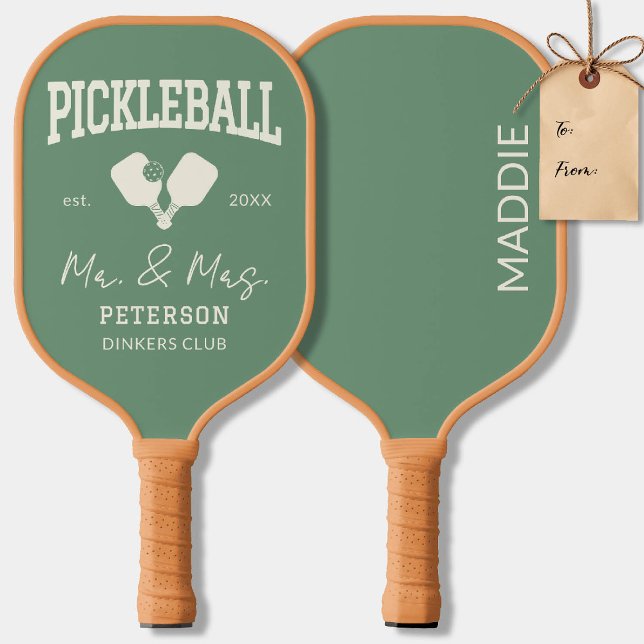 Pickleball Newlyweds Gift Custom Text Green Yellow Paddle (pickleball personalized newlywed gift paddles club team player gift custom text green)