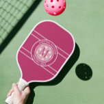 Pickleball Ninja Custom Name Initial Girly Pink Pickleball Paddle<br><div class="desc">Classic design features two lines of customisable text for "Pickleball Ninja" or custom saying of choice and name or custom text in a timeless modern font arched over & under an image of a pickleball in pink on a colourful pink background. Add one or two intials in the centre of...</div>