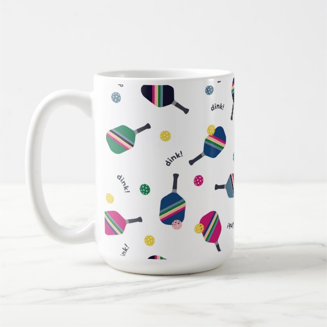 Pickleball Paddle and Fun Ball Blue Green Pink Coffee Mug (Left)