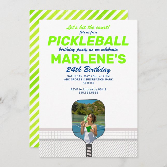 Pickleball Paddle Photo Dink Preppy Birthday Party Invitation (Front/Back)